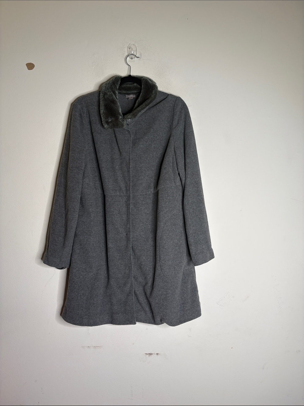 J. Jill Charcoal Gray Wool Trench Coat with Dark Gray Faux Fur Collar